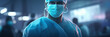 Focused Healthcare Professional in Scrubs and Mask Against Modern Hospital Backdrop