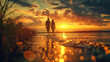 © BKKIllustrator - The perfect moment at sunset on the beach.  Walking down the beach, listening to the water and seeing the sun reflecting in the ocean