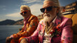two rich old men on a boat dressed in colored clothes photography, Generative AI