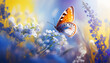 © mfz - Beautiful blurred spring nature background with blooming meadow and blue sky on a sunny day. Butterfly and delicate blue flowers. Generative AI.