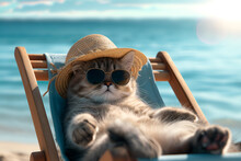 The Cat Lounging On A Beach Chair With Sunglasses, A Hat, Enjoying A Relaxing Vacation By The Sea. Minimalistic Pets Style Isolated Over Light Background