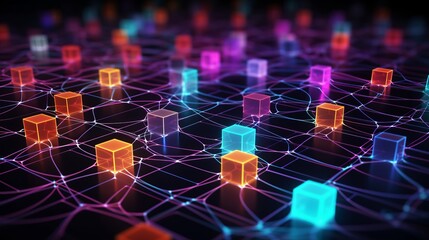 Poster - Distributed ledger technology: blockchain network concept with computer connection on colored background