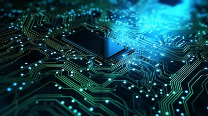 Poster - Abstract digital network technology on blue and green background - 3d illustration of integrated circuit board for a futuristic tech atmosphere