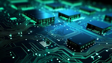 Poster - Abstract digital network technology on blue and green background - 3d illustration of integrated circuit board for a futuristic tech atmosphere