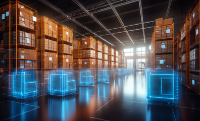 Poster - futuristic automated warehouse interior with digital inventory holograms, glowing lines, and autonom