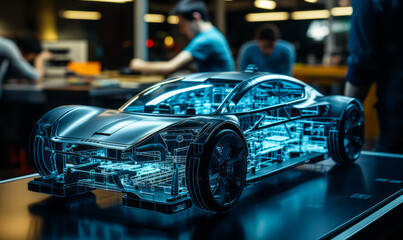 Poster - automotive engineers working on electric car chassis platform, using 3d holography, in advanced scie