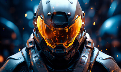 Poster - Futuristic Sci Fi Soldier with Glowing Orange Visor and Advanced Armor Standing in a Cybernetic Environment with Light Effects