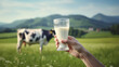 hand holding glass of fresh milk in the meadow with cow grazing in background