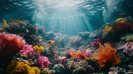 Underwater tableau of colorful coral reefs and diverse marine life, promoting awareness of preserving our oceans