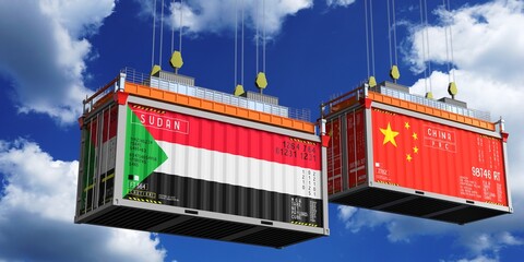 Shipping containers with flags of Sudan and China - 3D illustration