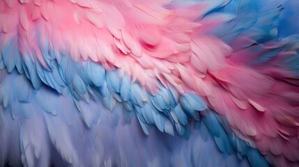  Closeup detail of soft silk pastel pink blue colored feathers, top view.