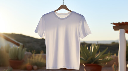 Wall Mural - T-shirt after laundry closeup on garden background. White tshirt mockup. Blank template Tee mock-up. Casual urban clothes. Summer short-sleeve basic shirt. Transparent canvas for print.