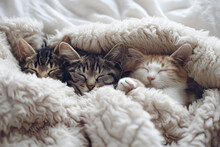 Three Cats Sleep On A Fluffy Blanket. Minimalistic Pets Style Isolated Over Light Background