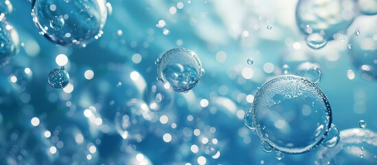 Sticker - Cosmetic 3D rendering featuring water molecules enclosed in bubbles underwater.