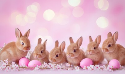 Wall Mural - Group of five cute baby bunnies, adorable rabbits with easter eggs and spring flowers on pink pastel background with bokeh