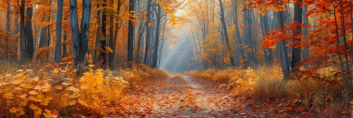 Wall Mural - set in a dense forest, with a narrow path leading the viewer's eye through the colorful foliage, and soft sunlight filtering through the canopy