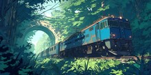 A Chaotic Scene Unfolds As An Abandoned Train Derails Amidst Dense Foliage In Comicstyle Poster Design. Сoncept Comicstyle Poster Design, Abandoned Train, Chaotic Scene, Dense Foliage, Derailment