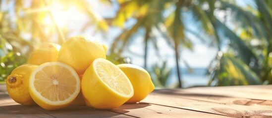 Wall Mural - Sour yellow lemon among ripe fruit on a sunny table with palm trees in the background.