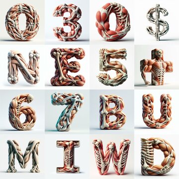 3D lettering what blend Bones and Muscles. AI generated illustration