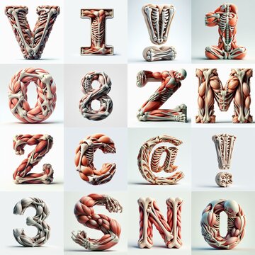 3D lettering what blend Bones and Muscles. AI generated illustration