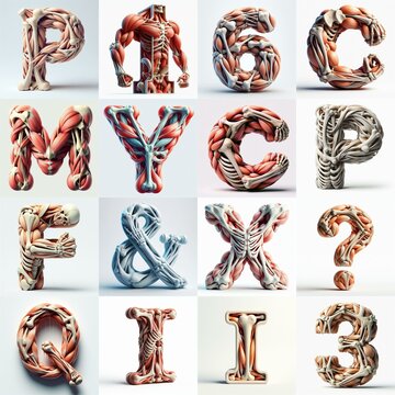3D lettering what blend Bones and Muscles. AI generated illustration