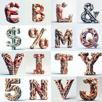3D lettering what blend Bones and Muscles. AI generated illustration