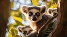 Vertical Shot Of Cute Ring-tailed Lemurs Playing On A Tree In A Park