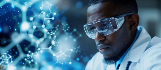 Wall Mural - an african scientist is generating scientific ideas and solving problems in a lab, using glass surfa