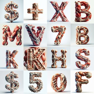 3D lettering what blend Bones and Muscles. AI generated illustration