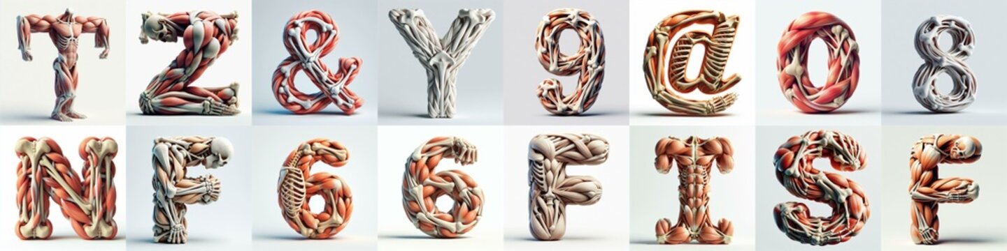3D lettering what blend Bones and Muscles. AI generated illustration