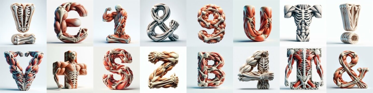 3D lettering what blend Bones and Muscles. AI generated illustration
