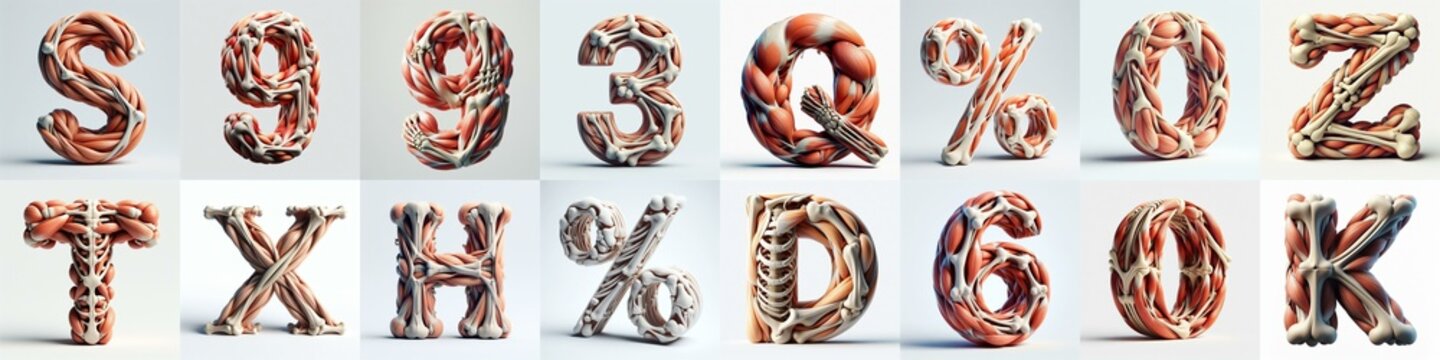 3D lettering what blend Bones and Muscles. AI generated illustration