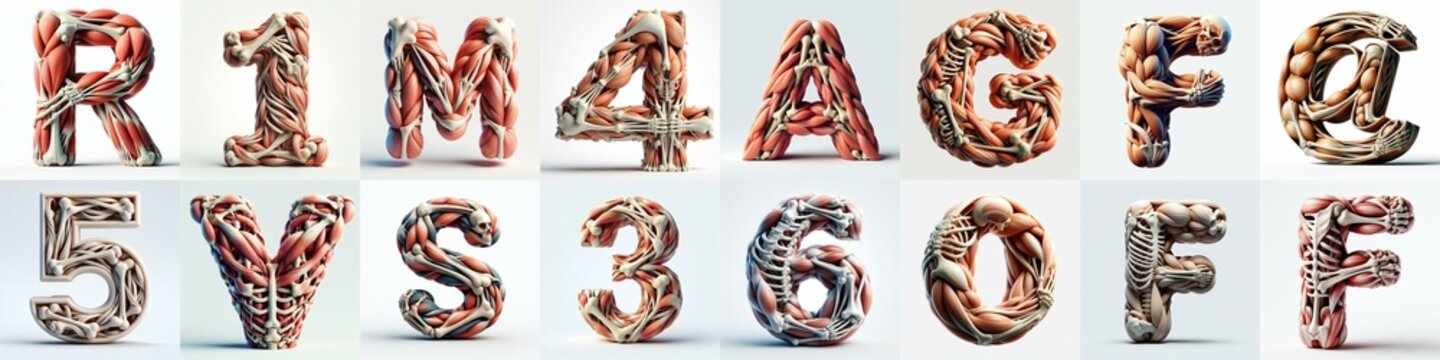 3D lettering what blend Bones and Muscles. AI generated illustration