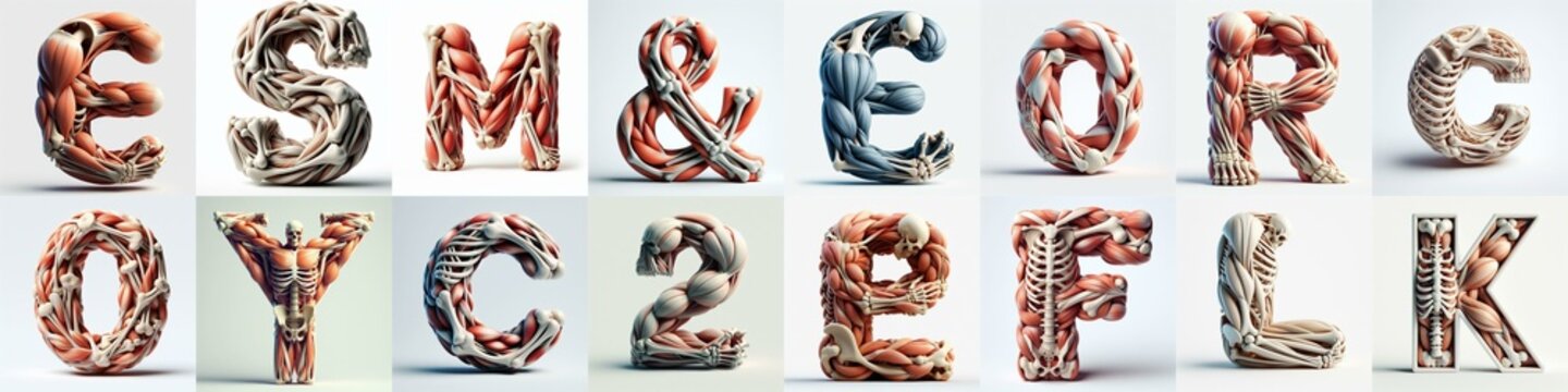 3D lettering what blend Bones and Muscles. AI generated illustration