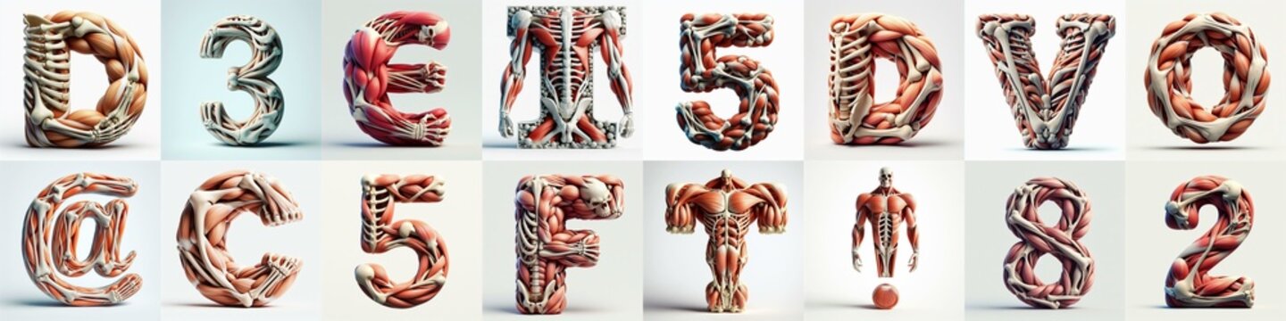 3D lettering what blend Bones and Muscles. AI generated illustration