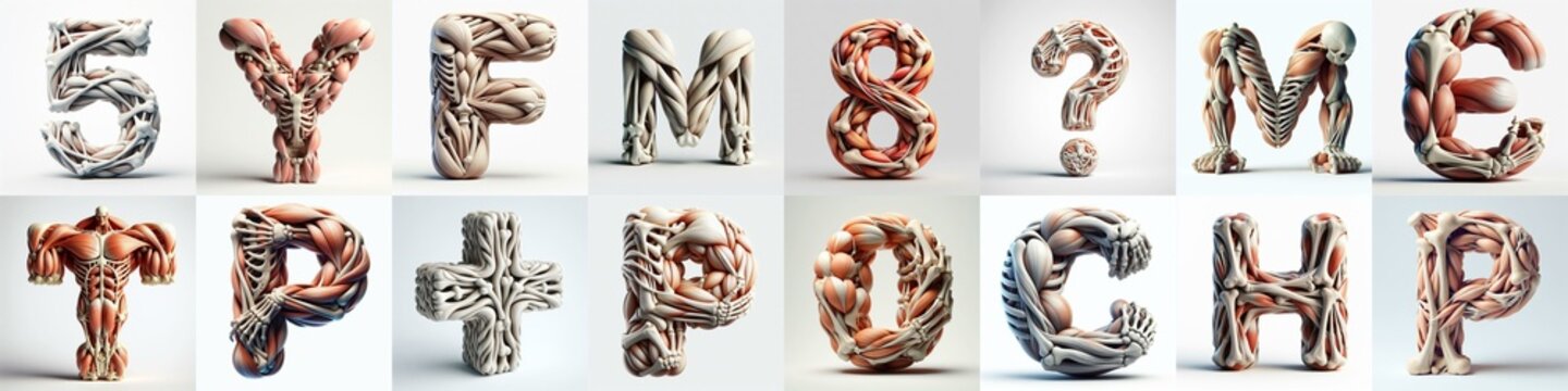 3D lettering what blend Bones and Muscles. AI generated illustration