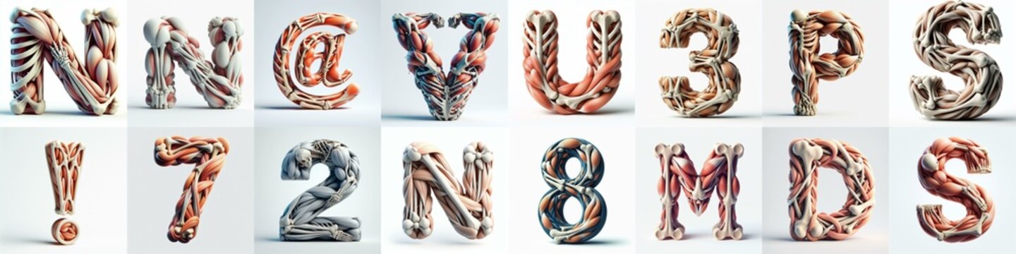 3D lettering what blend Bones and Muscles. AI generated illustration