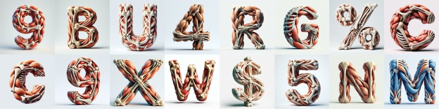 3D lettering what blend Bones and Muscles. AI generated illustration
