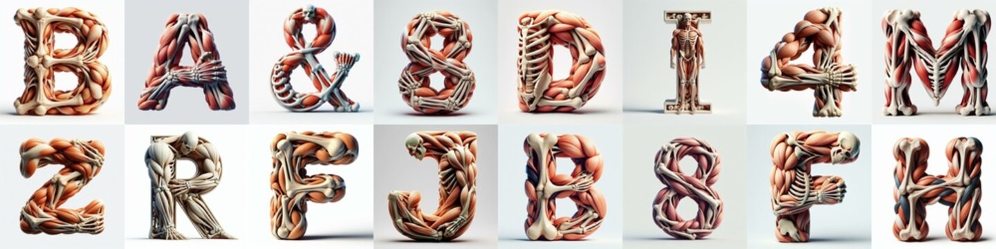 3D lettering what blend Bones and Muscles. AI generated illustration