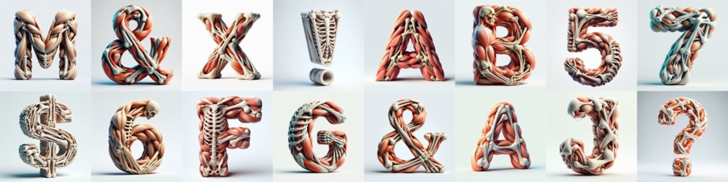 3D lettering what blend Bones and Muscles. AI generated illustration