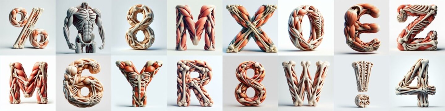 3D lettering what blend Bones and Muscles. AI generated illustration