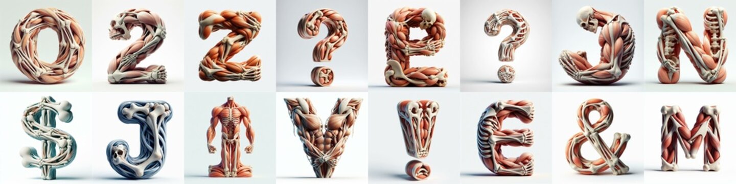 3D lettering what blend Bones and Muscles. AI generated illustration