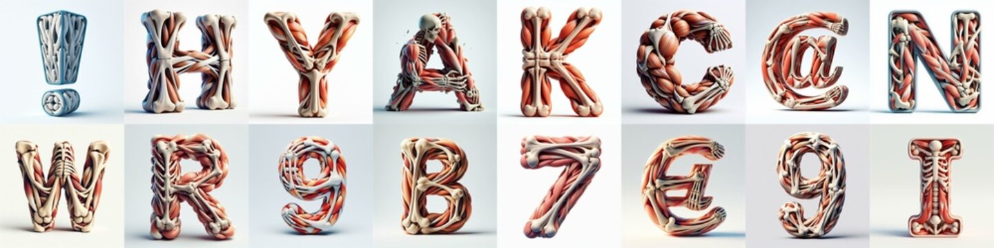 3D lettering what blend Bones and Muscles. AI generated illustration