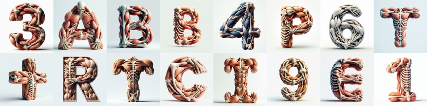 3D lettering what blend Bones and Muscles. AI generated illustration