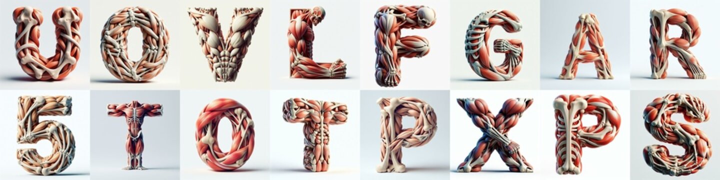 3D lettering what blend Bones and Muscles. AI generated illustration