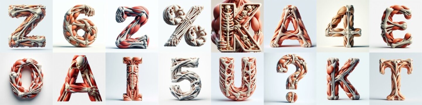 3D lettering what blend Bones and Muscles. AI generated illustration
