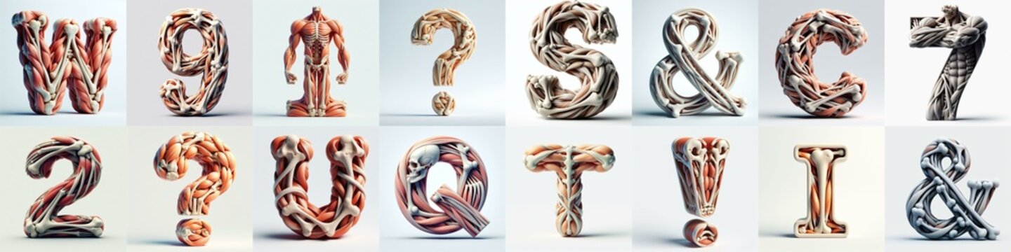 3D lettering what blend Bones and Muscles. AI generated illustration