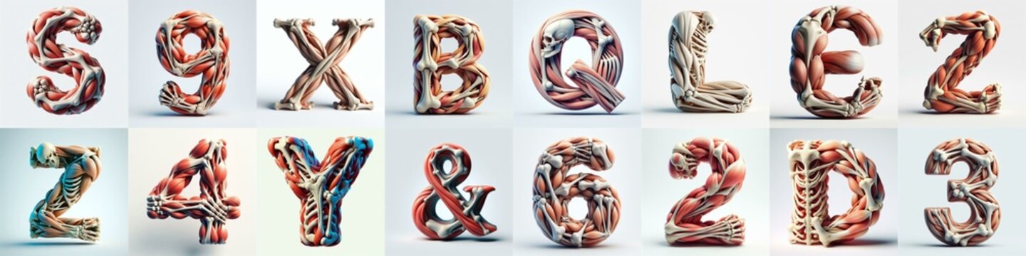 3D lettering what blend Bones and Muscles. AI generated illustration