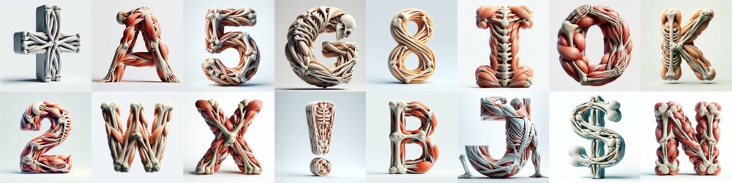 3D lettering what blend Bones and Muscles. AI generated illustration