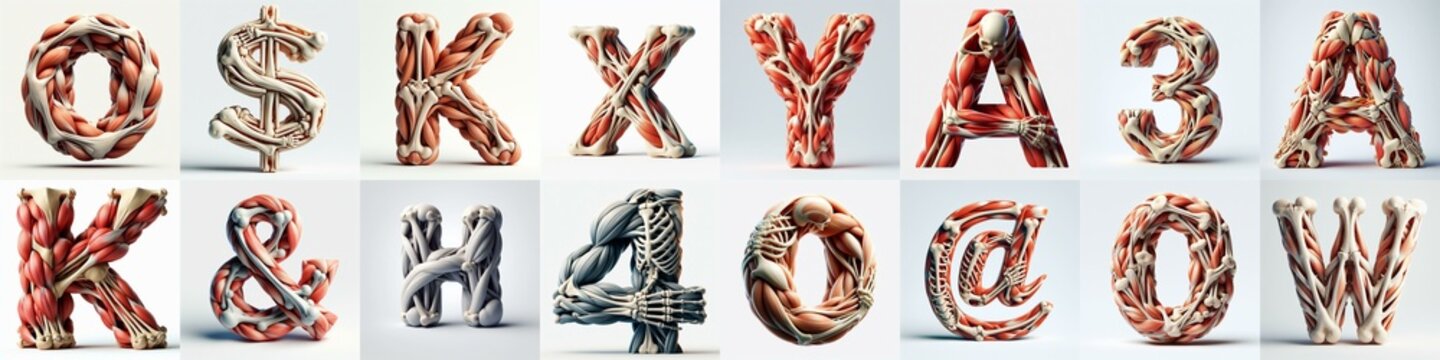 3D lettering what blend Bones and Muscles. AI generated illustration